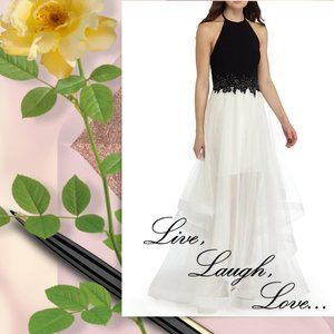 💲Sale💲Beaded Applique Mesh Halter Gown "Blondie Nites"